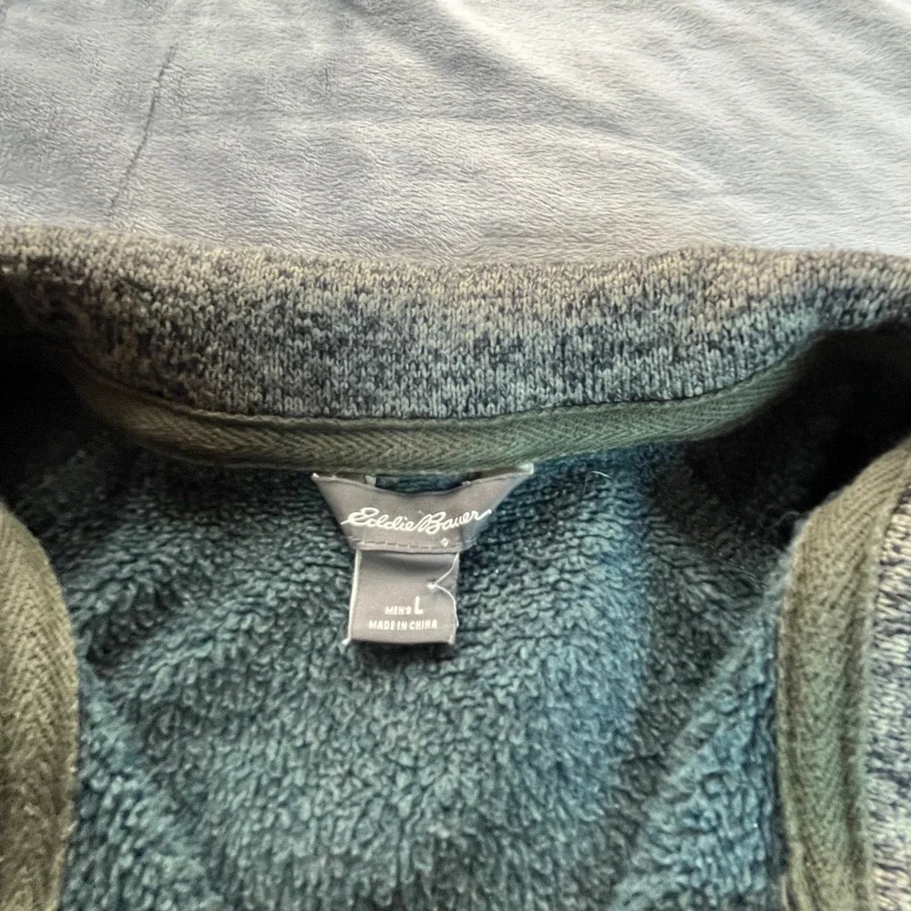 Eddie Bauer Mens Large Quarter Zip Pullover Sweater Green Heathered Fleece Lined